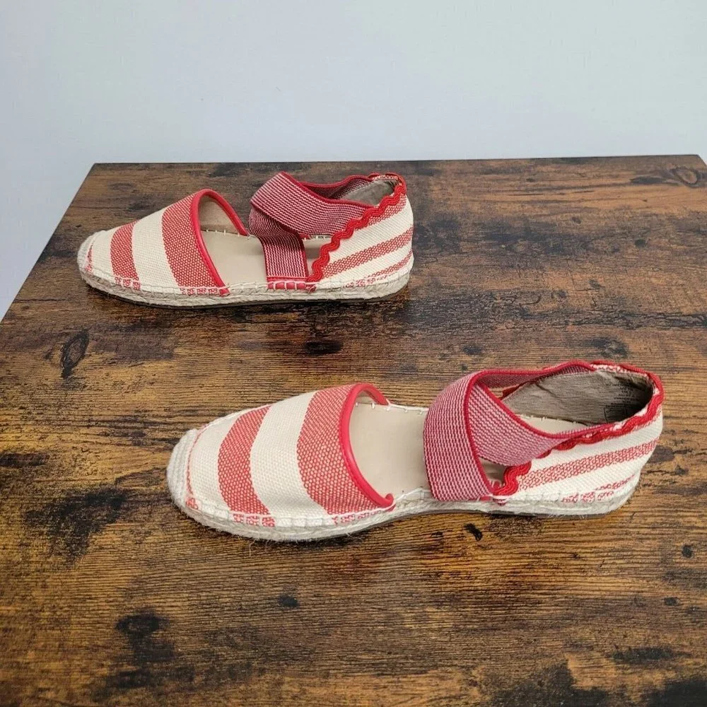 Lands End Womens Espadrille Sandals Red Beige Flat Shoe Summer Travel Size 7